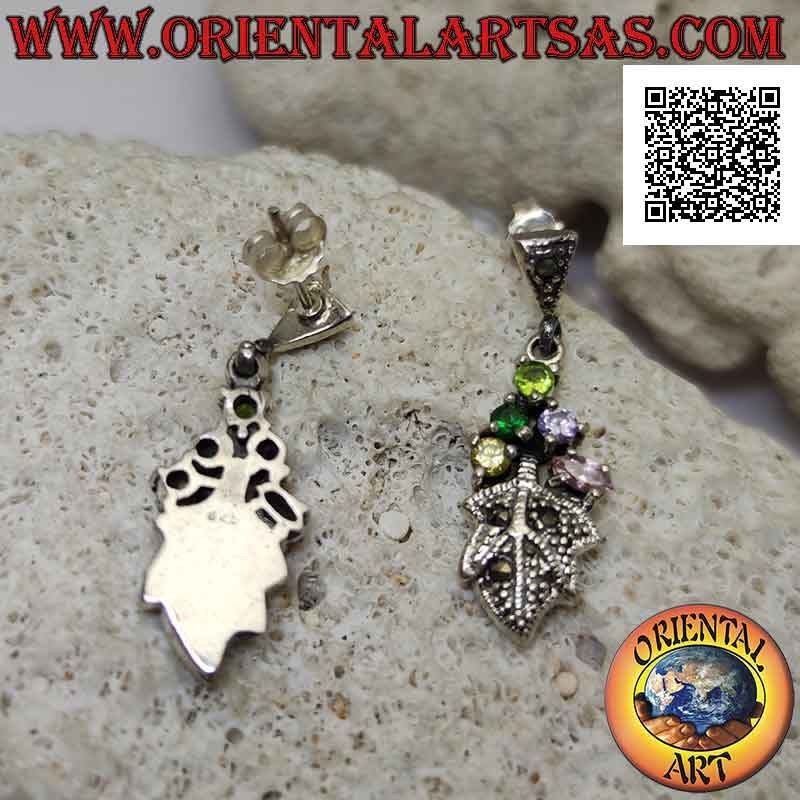 Orecchini in argento da lobo con 5 zirconi multicolor incastonati e foglia tempestata di marcassite