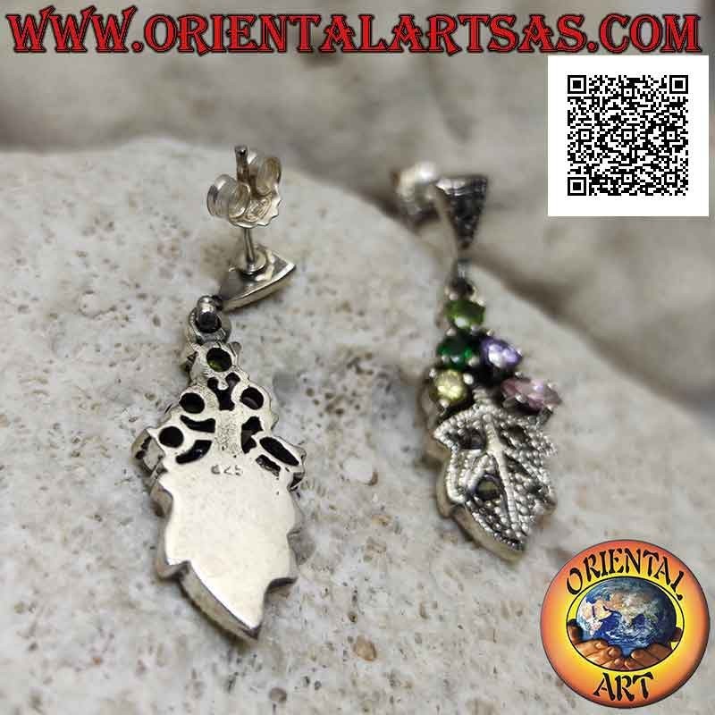 Boucles d'oreilles lobe en argent serti de 5 zircons multicolores et feuille cloutée de marcassite