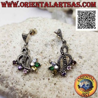 Boucles d'oreilles en argent, entrelacs de fils cloutés de marcassite avec 3 zircons ronds multicolores et 3 navettes