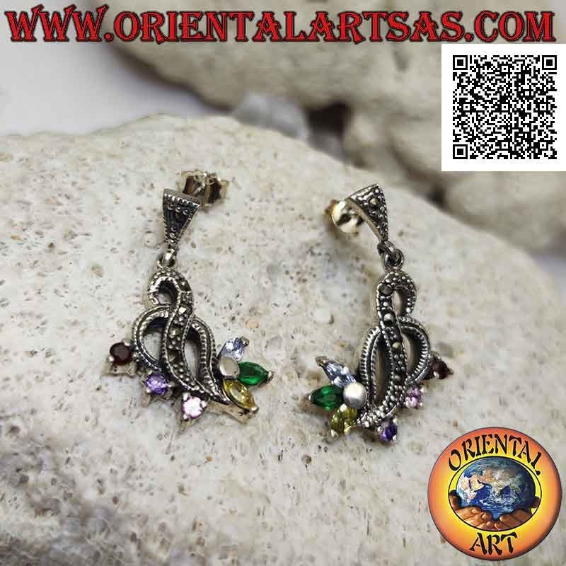 Pendientes de plata, entretejido de hilos tachonados de marcasita con 3 circonitas multicolores redondas y 3 lanzaderas