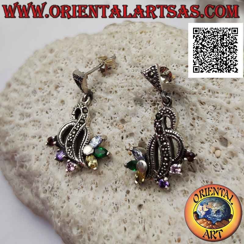 Orecchini in argento, intreccio di fili tempestati di marcassite con 3 zirconi multicolor tondi e 3 a navetta