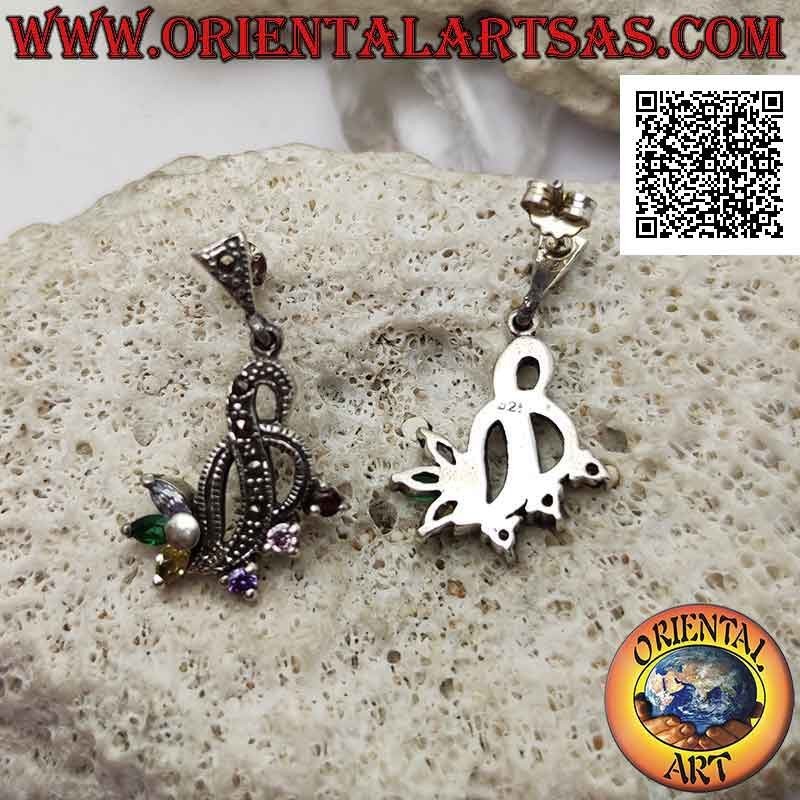 Pendientes de plata, entretejido de hilos tachonados de marcasita con 3 circonitas multicolores redondas y 3 lanzaderas