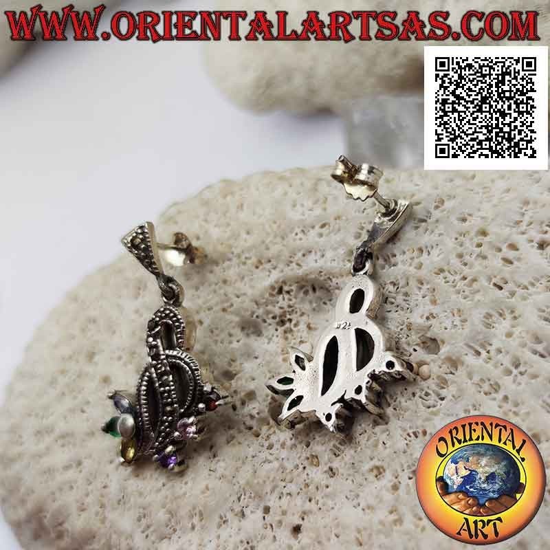 Silver earrings, interweaving of threads studded with marcasite with 3 round multicolor zircons and 3 shuttle