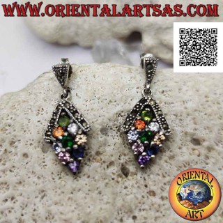 Silver earrings, rhombus of 9 multicolor round zircons set with a marcasite arch above