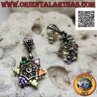 Silver earrings, six-pointed star of multicolor round zircons set and center with marcasite