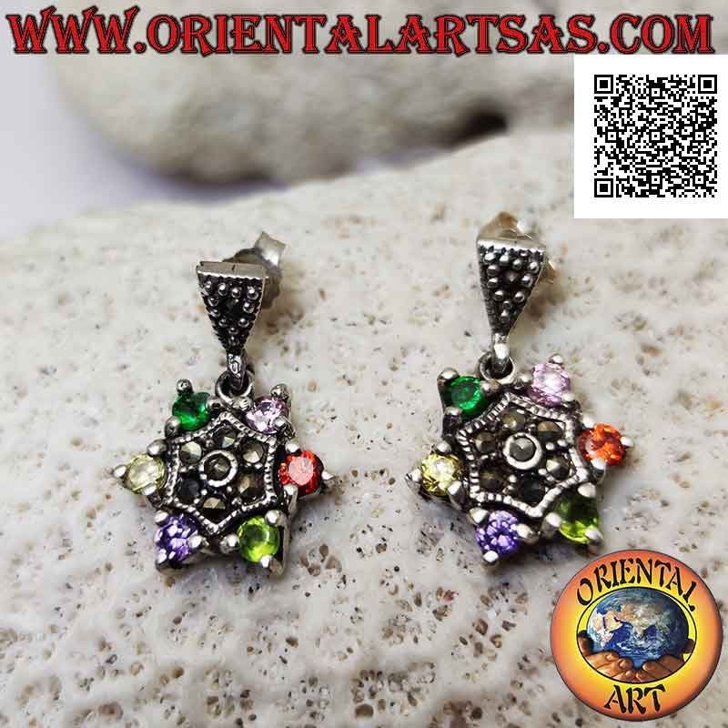 Pendientes de plata, estrella de seis puntas de circonitas redondas multicolores engastadas y centro con marcasita