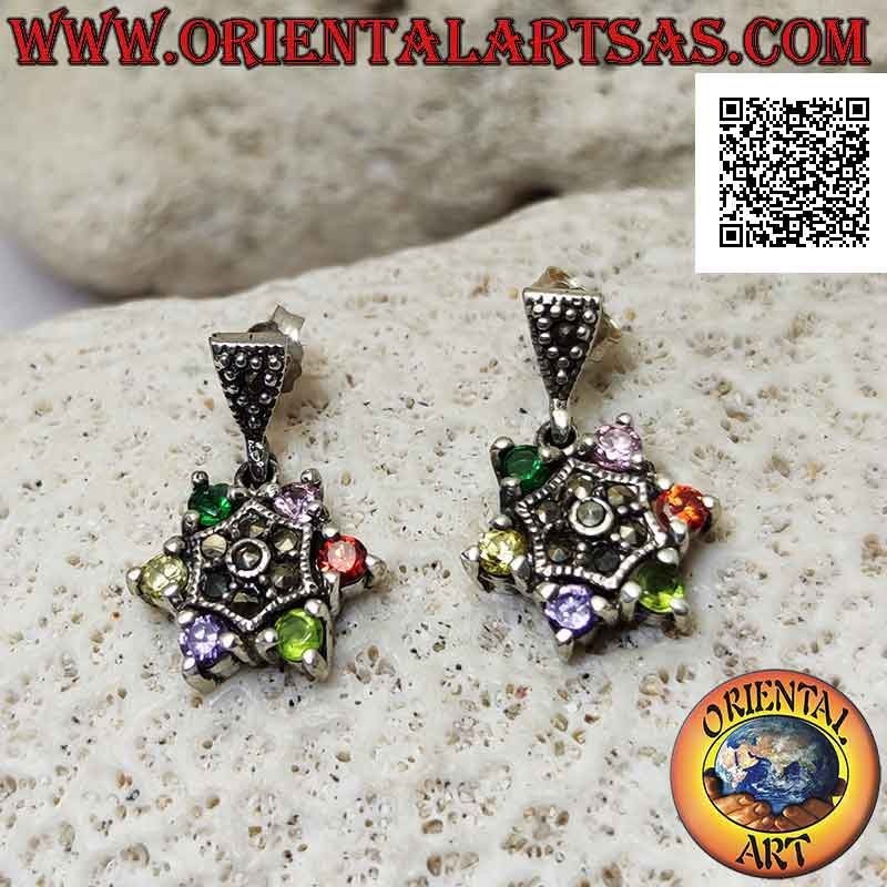 Silver earrings, six-pointed star of multicolor round zircons set and center with marcasite