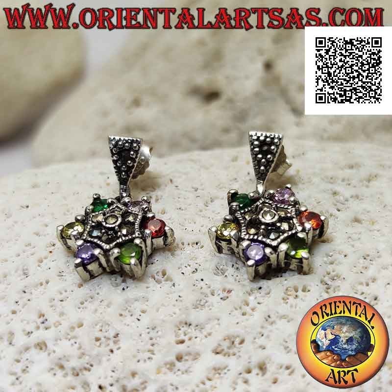 Pendientes de plata, estrella de seis puntas de circonitas redondas multicolores engastadas y centro con marcasita