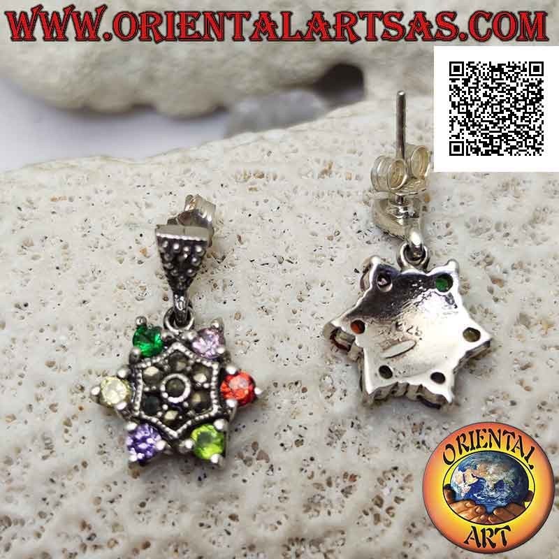 Orecchini in argento, stella a sei punte di zirconi tondi multicolor incastonati e centro con marcassite