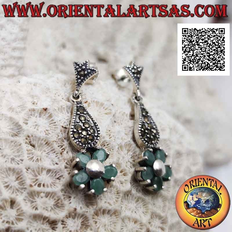 Silver earrings with 5 natural oval emeralds set to form a flower under a drop of marcasite