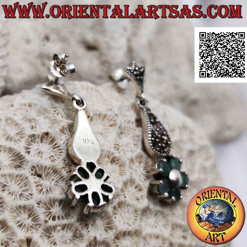 Silver earrings with 5 natural oval emeralds set to form a flower under a drop of marcasite
