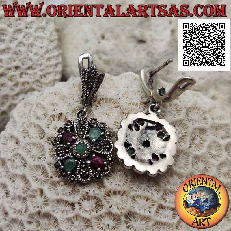 Silver earrings with double cross of rubies and natural emeralds alternating with marcasite and central round emerald