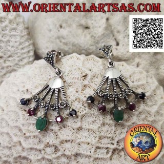 Silver fan pendant earrings with natural sapphires, rubies and emeralds on the tips alternating with marcasite