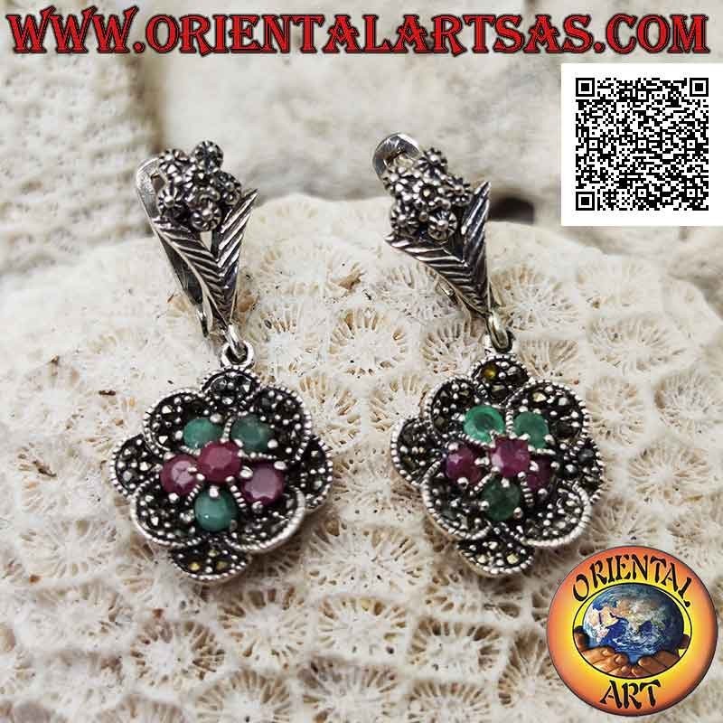 Silver flower pendant earrings with alternating rubies and emeralds and marcasite petals