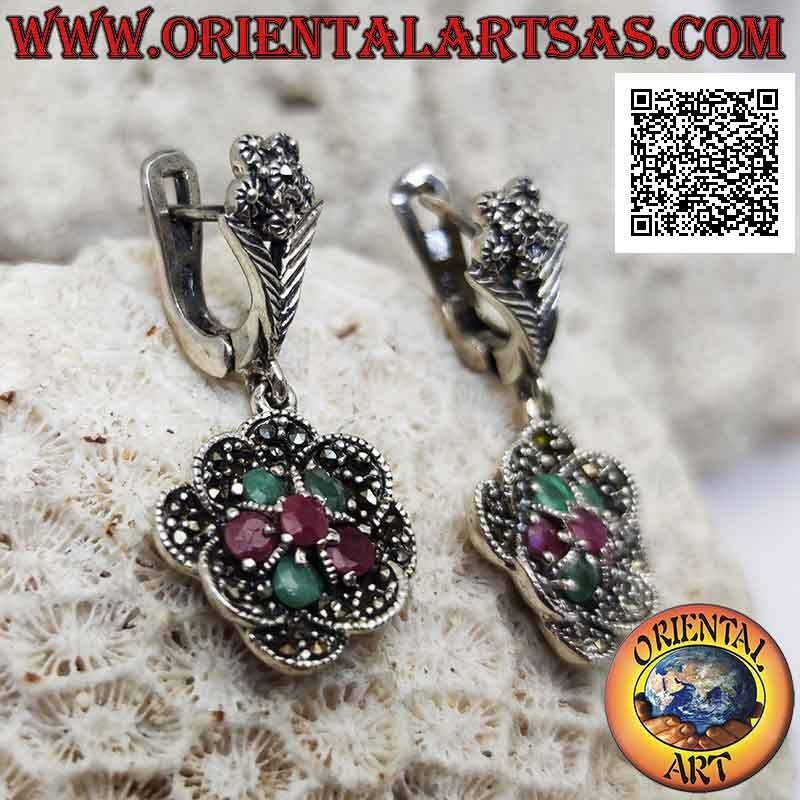 Silver flower pendant earrings with alternating rubies and emeralds and marcasite petals