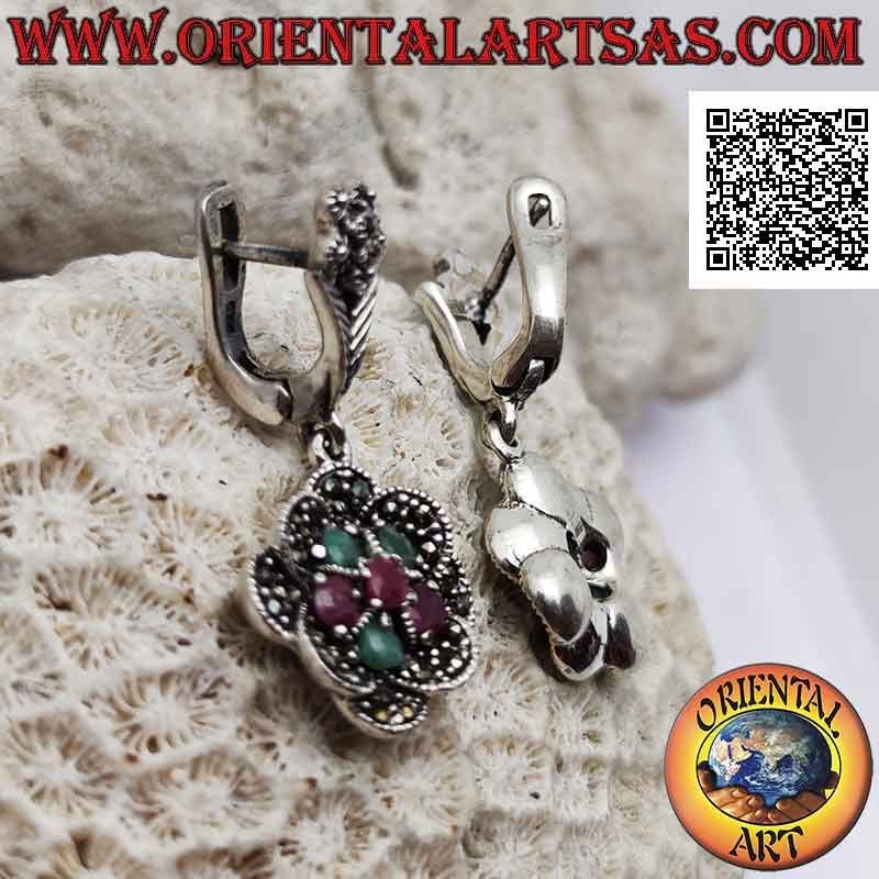 Silver flower pendant earrings with alternating rubies and emeralds and marcasite petals