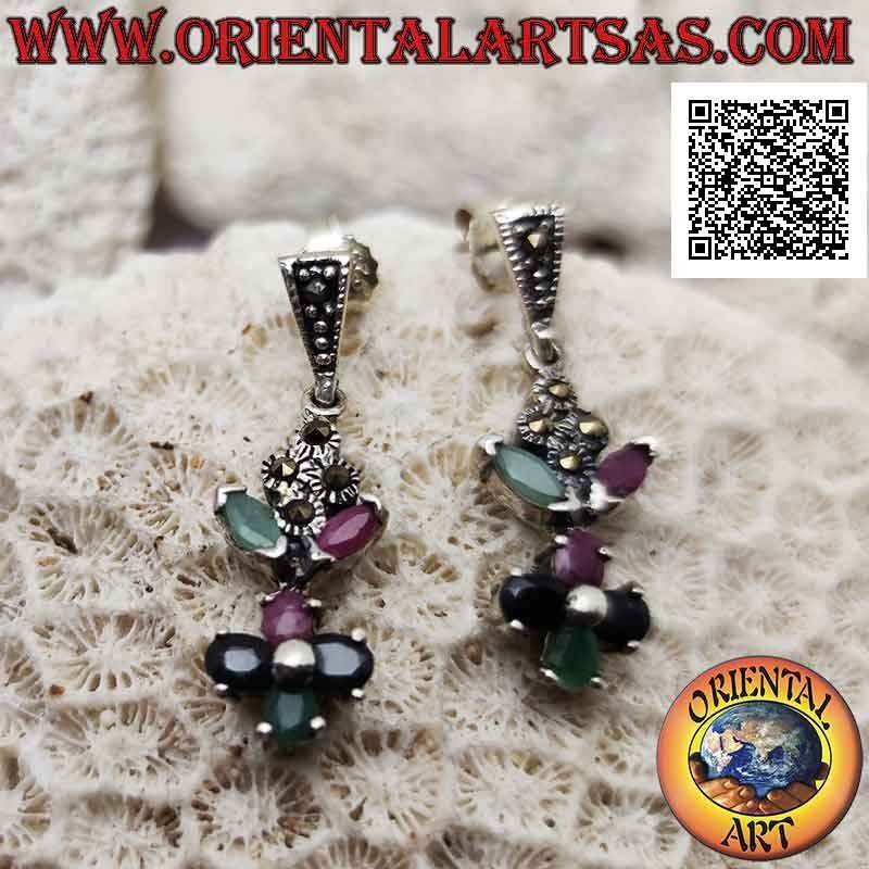 Silver pendant earrings with a composition of emeralds, rubies and natural sapphires set and marcasite
