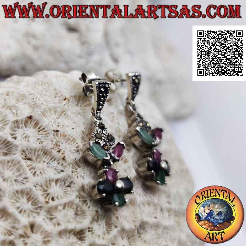 Silver pendant earrings with a composition of emeralds, rubies and natural sapphires set and marcasite