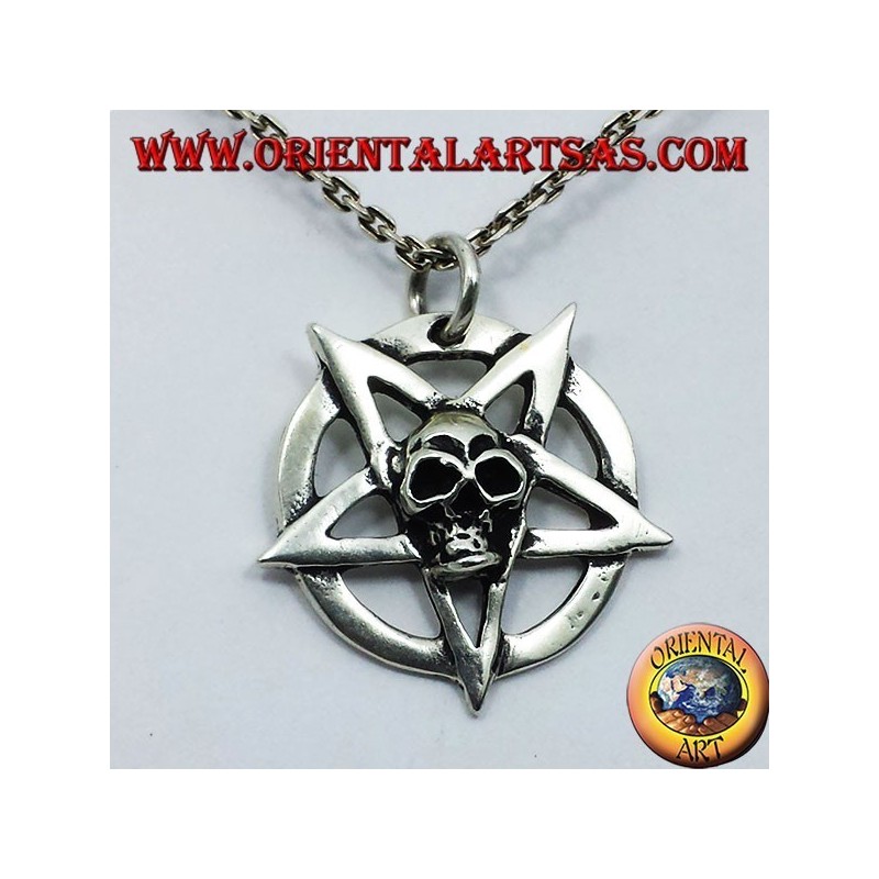 silver pendant, pentagram with skull
