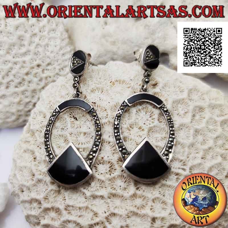 Silver earrings, oval line studded with marcasite with onyx slice underneath