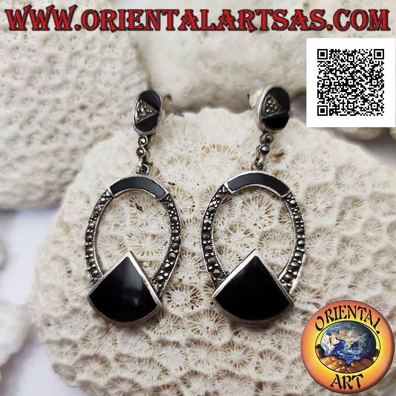 Pendientes de plata, línea ovalada tachonada de marcasita con una rodaja de ónix debajo