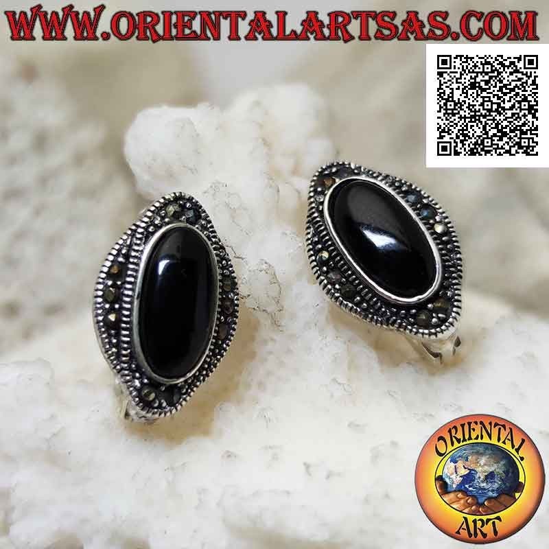 Silver earrings with oval onyx surrounded by a double intertwined ellipse studded with marcasite
