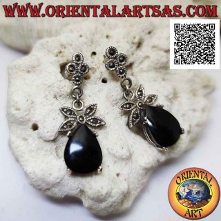 Silver earrings with drop onyx set and bow studded with marcasite above