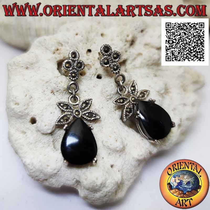 Silver earrings with drop onyx set and bow studded with marcasite above