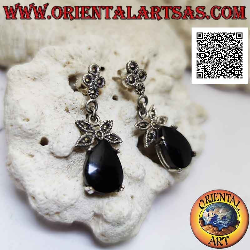 Silver earrings with drop onyx set and bow studded with marcasite above