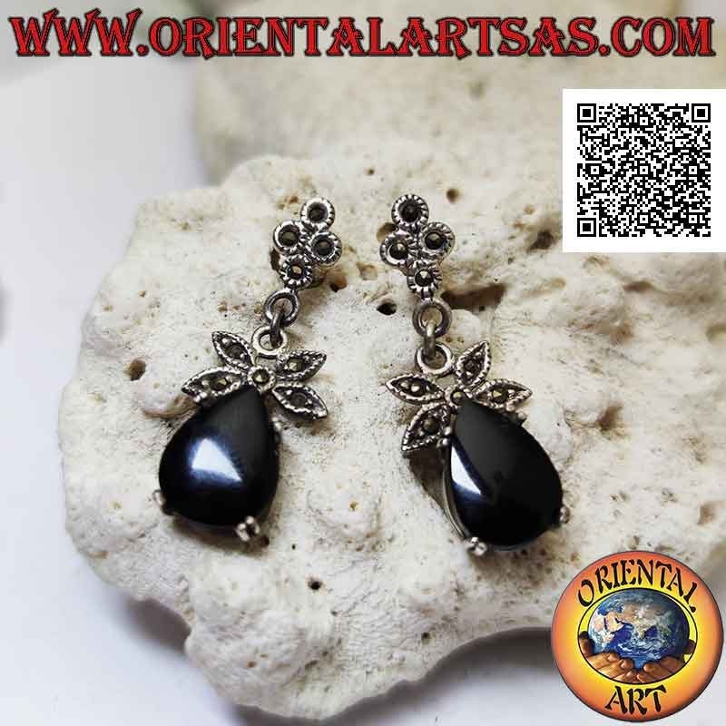 Silver earrings with drop onyx set and bow studded with marcasite above