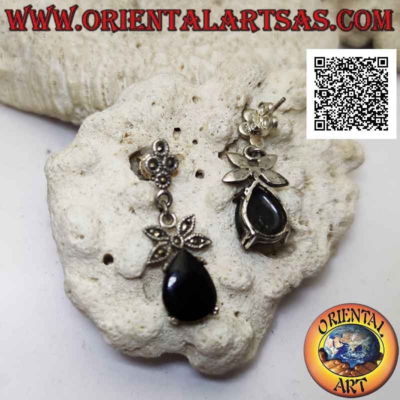 Silver earrings with drop onyx set and bow studded with marcasite above