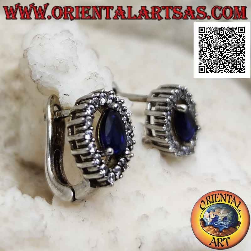 Boucles d'oreilles en argent avec saphir synthétique en forme de larme entouré d'une goutte inversée de zircons blancs