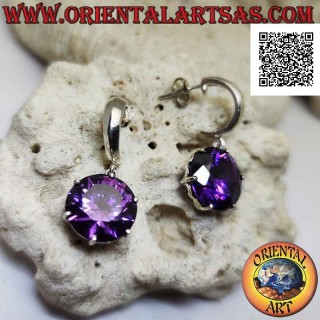 Boucles d'oreilles en argent, demi-cercle lisse avec pendentif rond serti d'améthyste synthétique