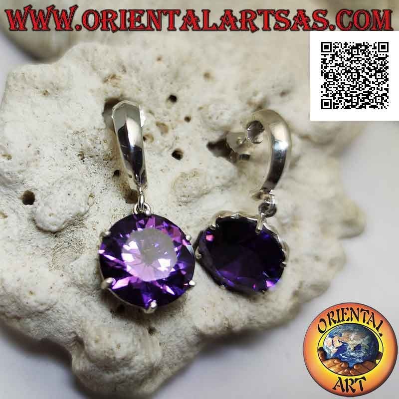 Boucles d'oreilles en argent, demi-cercle lisse avec pendentif rond serti d'améthyste synthétique