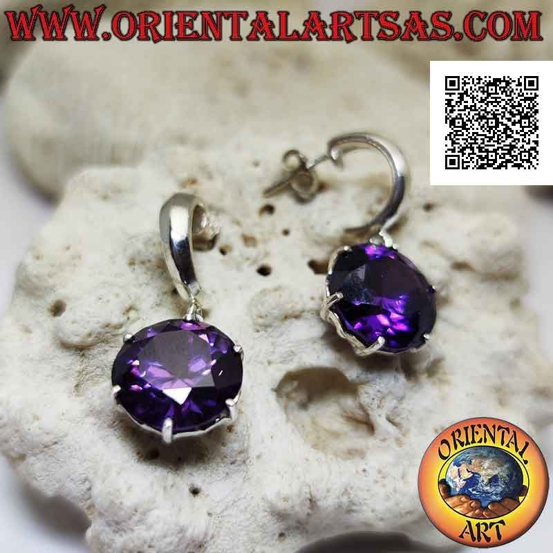 Silver earrings, smooth semicircle with round synthetic amethyst set pendant