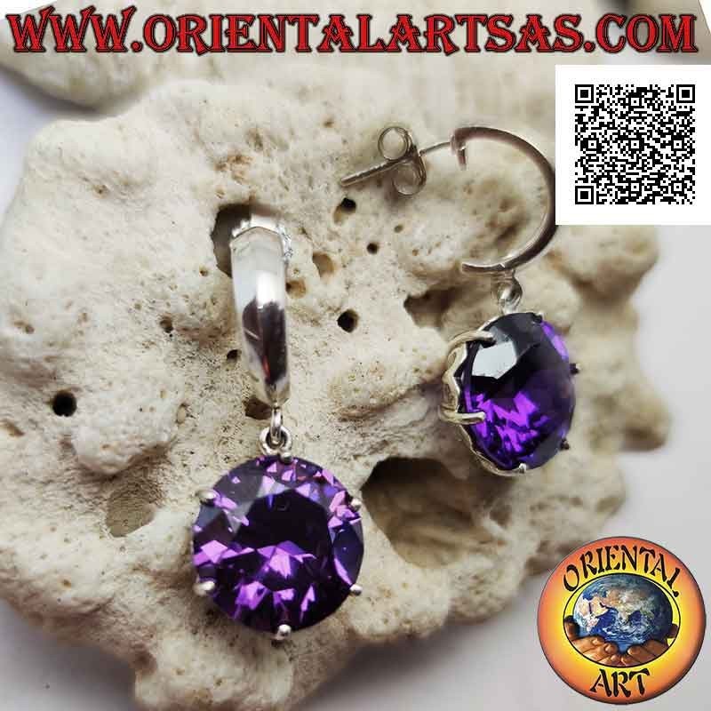 Silver earrings, smooth semicircle with round synthetic amethyst set pendant