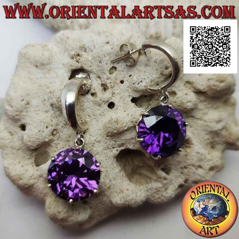 Silberne Ohrringe, glatter Halbkreis mit rundem Anhänger aus synthetischem Amethyst