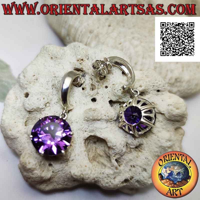 Silver earrings, smooth semicircle with round synthetic amethyst set pendant