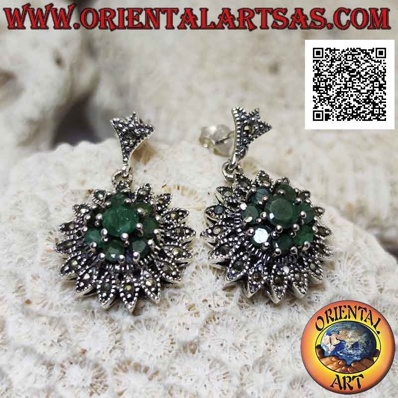 Silver earrings in the shape of a Dahlia flower with set round emeralds and marcasites