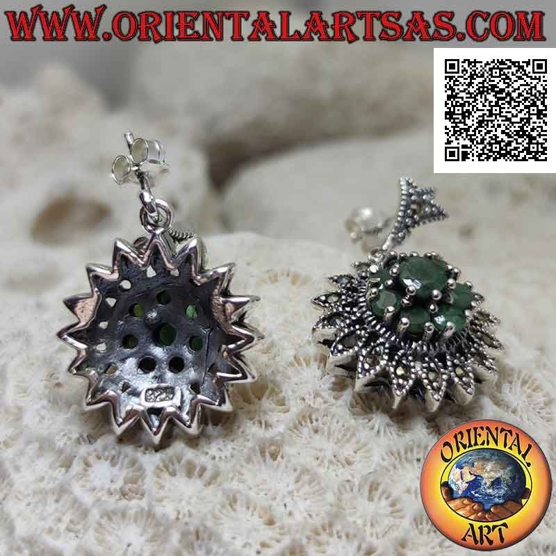 Silver earrings in the shape of a Dahlia flower with set round emeralds and marcasites