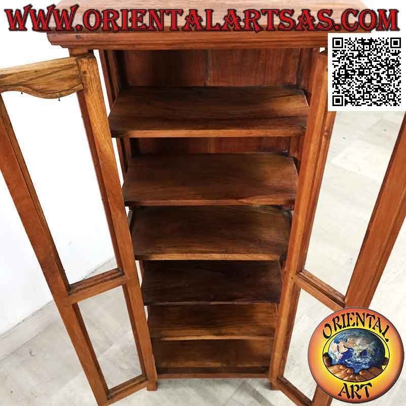 Rectangular display cabinet with double door and six shelves in teak wood (convex decoration)