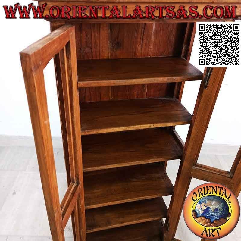 Vetrinetta rettangolare a doppia anta e sei ripiani in legno di teak (decoro concavo)
