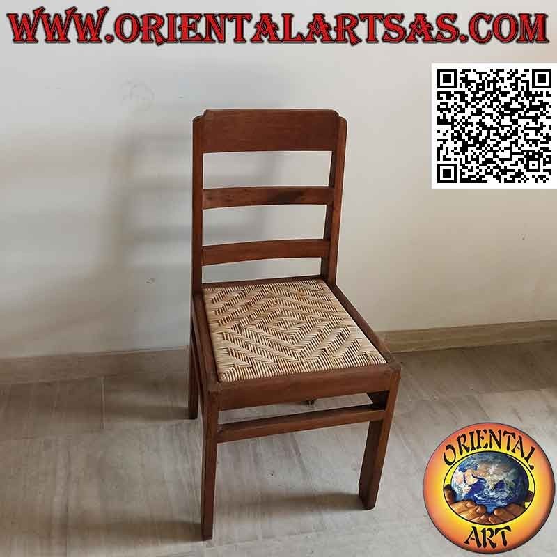 Silla antigua maciza en madera de teca y asiento de paja de Viena