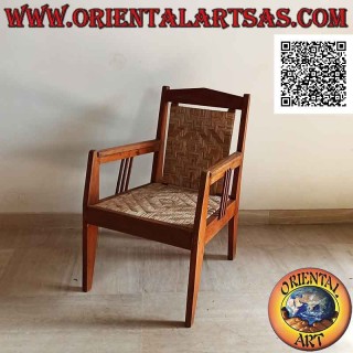 Low living room armchair in teak wood with seat and back in vienna straw (triple strap)
