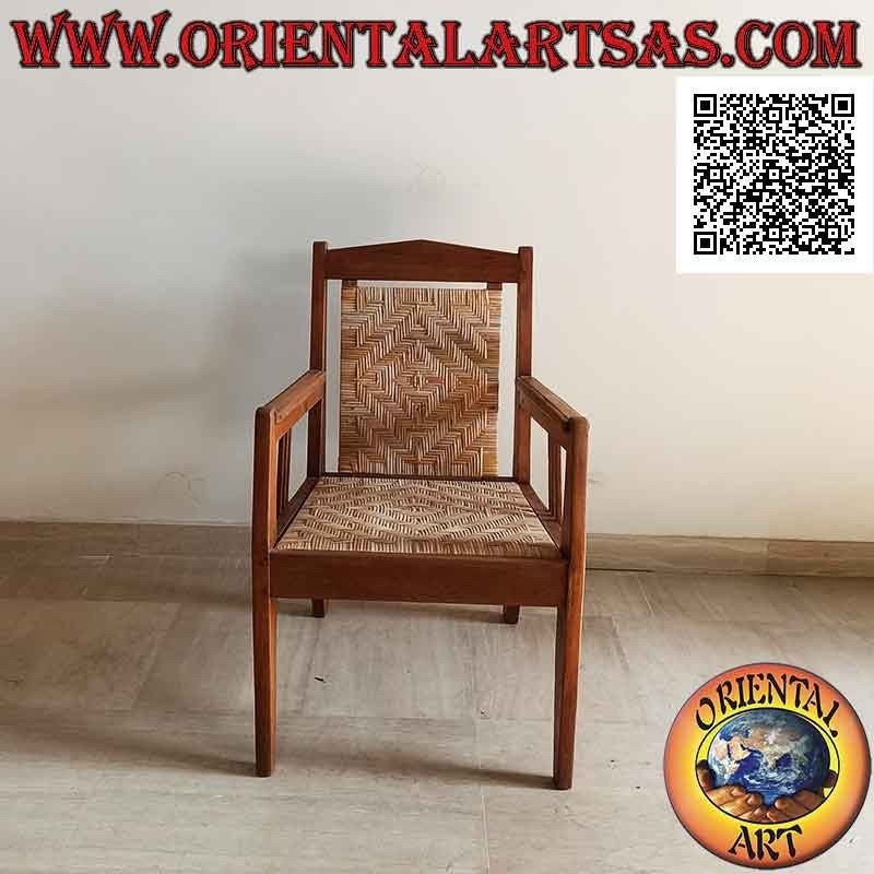 Niedriger Wohnzimmer-Sessel aus Teakholz mit Sitz und Rückenlehne aus Wiener Stroh (Dreifachriemen)