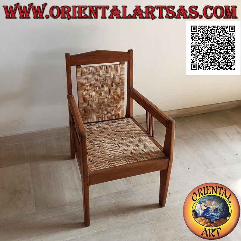 Sillón bajo de salón en madera de teca con asiento y respaldo en paja viena (triple correa)
