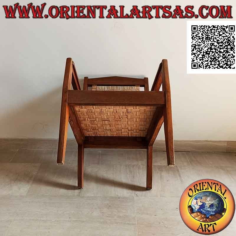 Niedriger Wohnzimmer-Sessel aus Teakholz mit Sitz und Rückenlehne aus Wiener Stroh (Dreifachriemen)