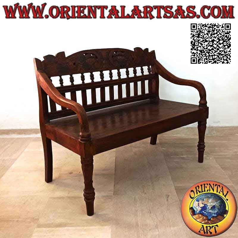 Panca antica coloniale con decorazione floreale intagliata a mano in legno di teak