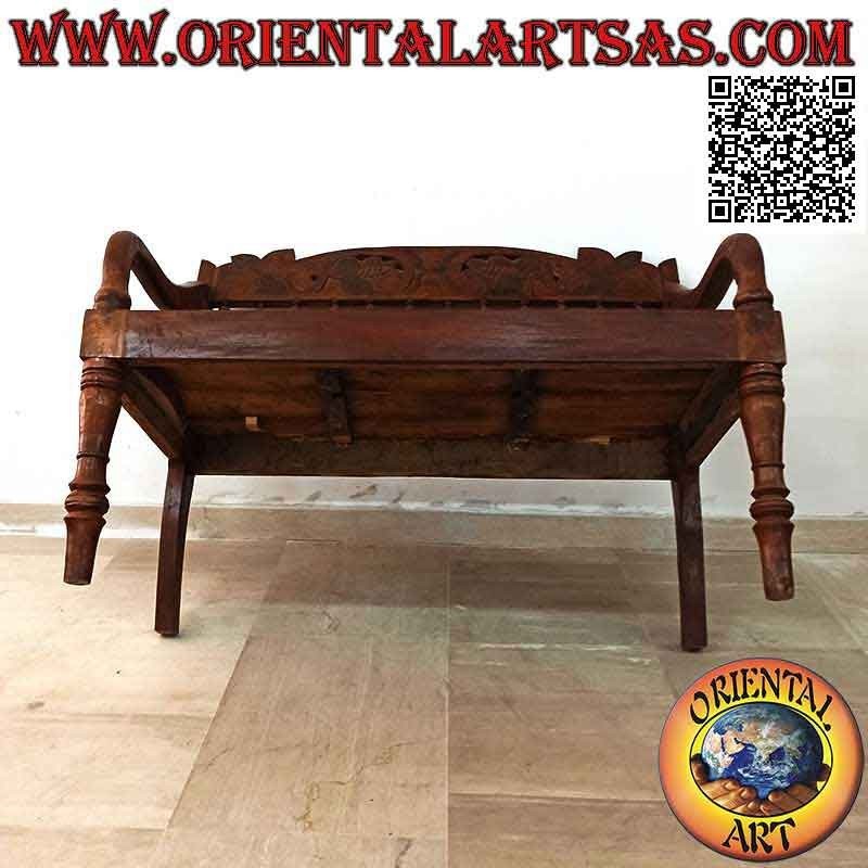 Panca antica coloniale con decorazione floreale intagliata a mano in legno di teak