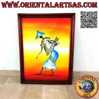 Hand painted picture on wood in Sahara style, "The farmer with the pointed hat"